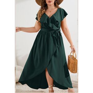 KOJOOIN Casual Plus Size Wrap V Neck Ruffle Cap Belted A-Line Maxi Dress Sz 2XL
